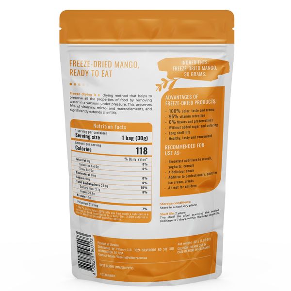 Freeze-dried mango, 30 g.