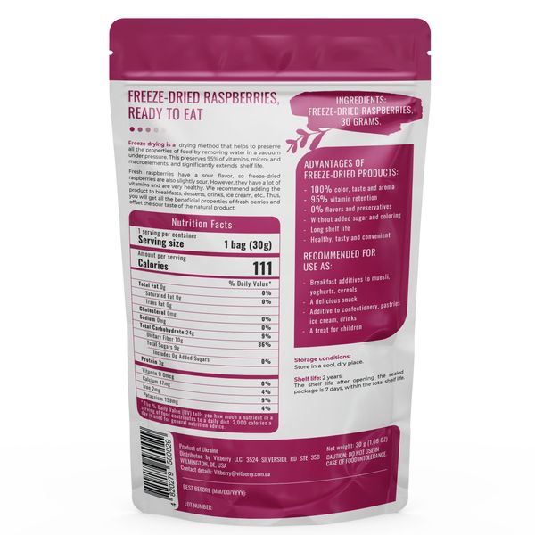 Freeze-dried raspberries, 10 g.